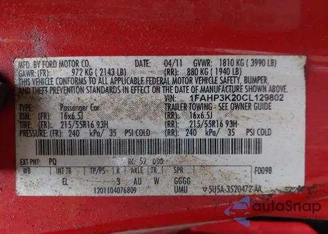 2012 Ford Focus Se из США, поврежденный, VIN 1FAHP3K20CL129802